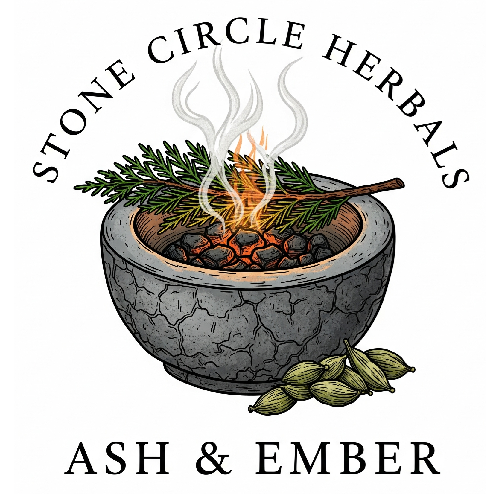 Logo for the Ash & Ember scent collection, featuring a stone bowl with smoking embers and cedar.