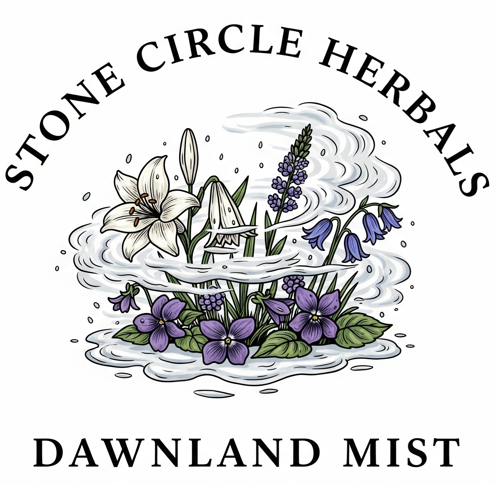 Logo for the Dawnland Mist scent collection, featuring flowers and mist.
