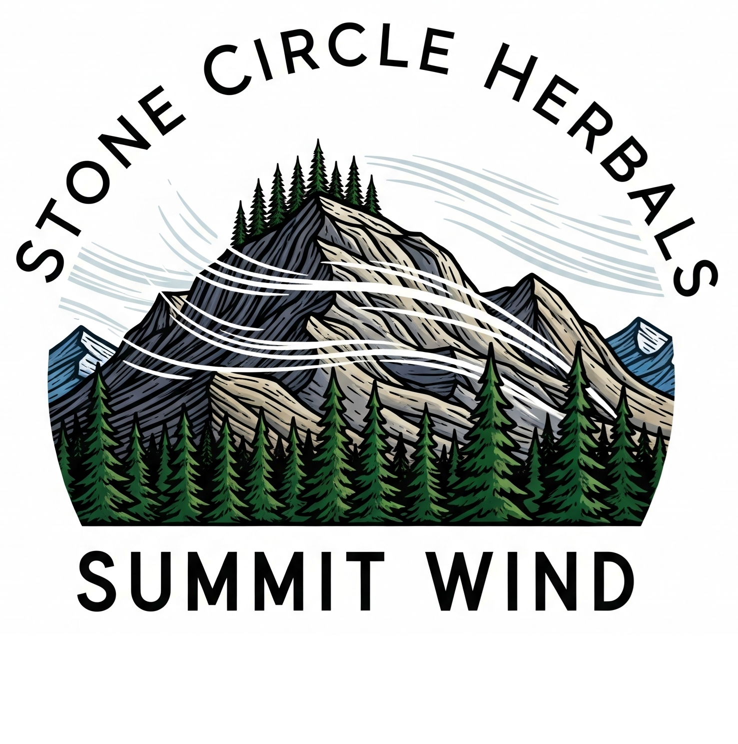 Logo for the Summit Wind scent collection, featuring a windy mountain peak with pine trees.